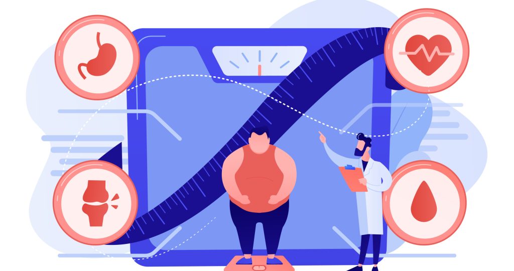 Obesity health problem concept vector illustration. Tiny people, overweight man on scales and doctor showing obesity deseases. Obesity health problem, obesity main causes, overweight treatment concept. Pinkish coral bluevector isolated illustration