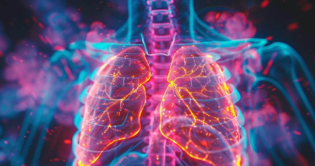 Illustration of inhaled nintedanib dry powder therapy targeting fibrotic lung tissue in idiopathic pulmonary fibrosis following positive Phase 1b INFLO-1 trial results.