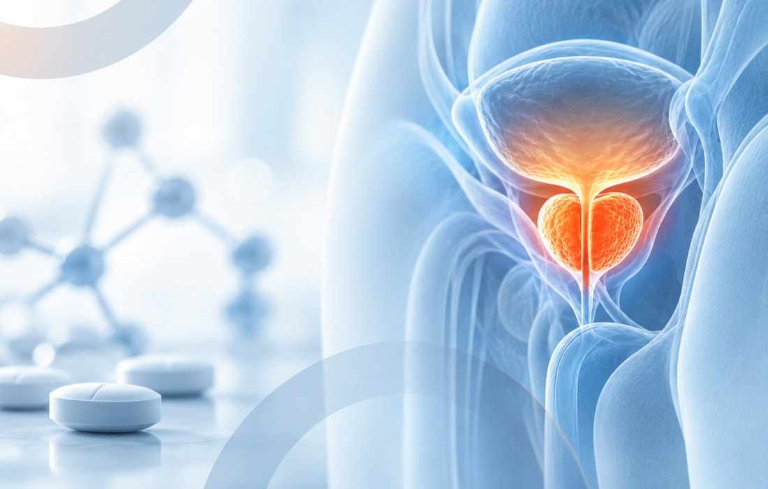 Medical illustration of prostate cancer treatment research evaluating apalutamide plus androgen deprivation therapy before and after prostate surgery.