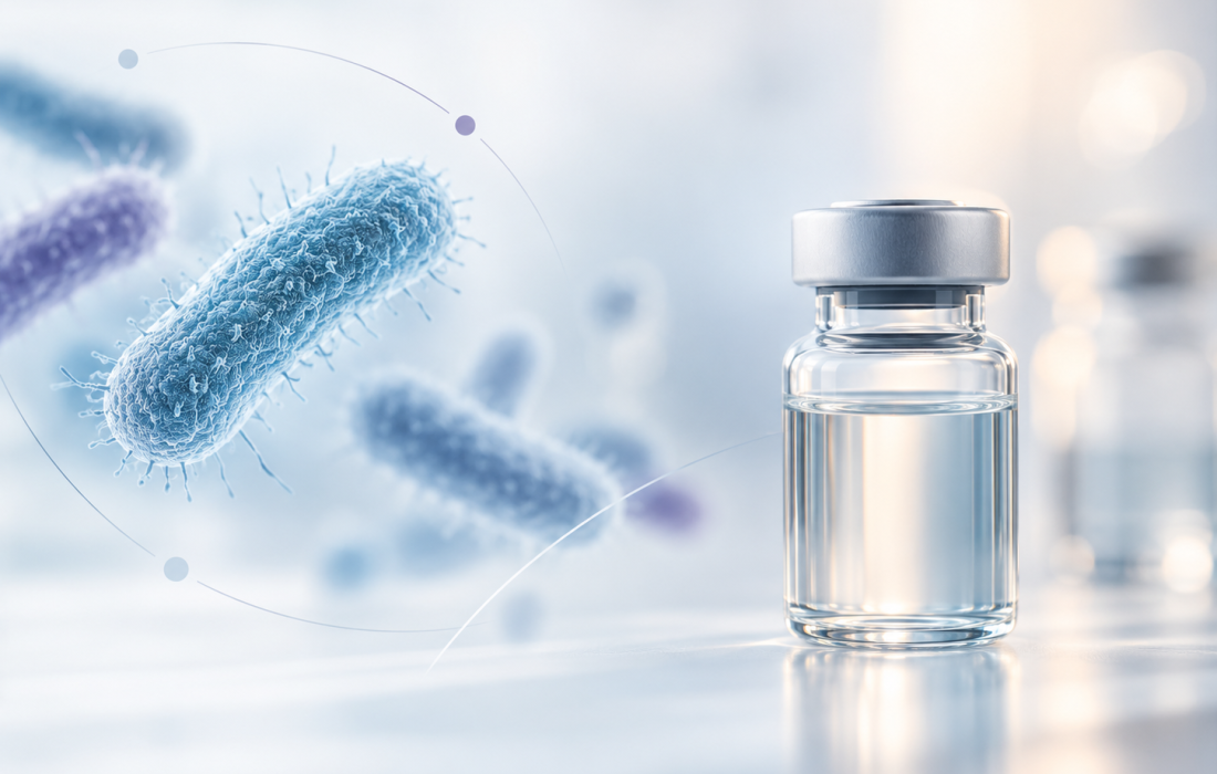 Cefiderocol antibiotic vial alongside a microscopic visualization of bacteria, illustrating research into resistant Gram-negative infections.