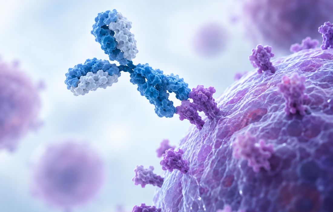 Scientific illustration of elranatamab targeting BCMA on multiple myeloma cells, representing Pfizer's Phase 3 MagnetisMM-32 trial