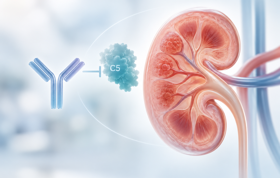 Medical illustration of complement C5 inhibition and kidney inflammation in IgA nephropathy, representing ravulizumab treatment.
