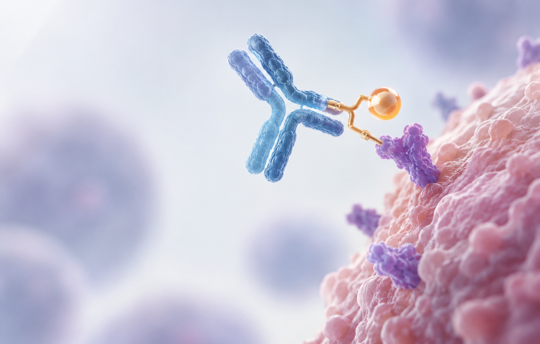 Scientific illustration of a CLDN18.2-targeted antibody-drug conjugate delivering a cytotoxic payload to gastric cancer cells