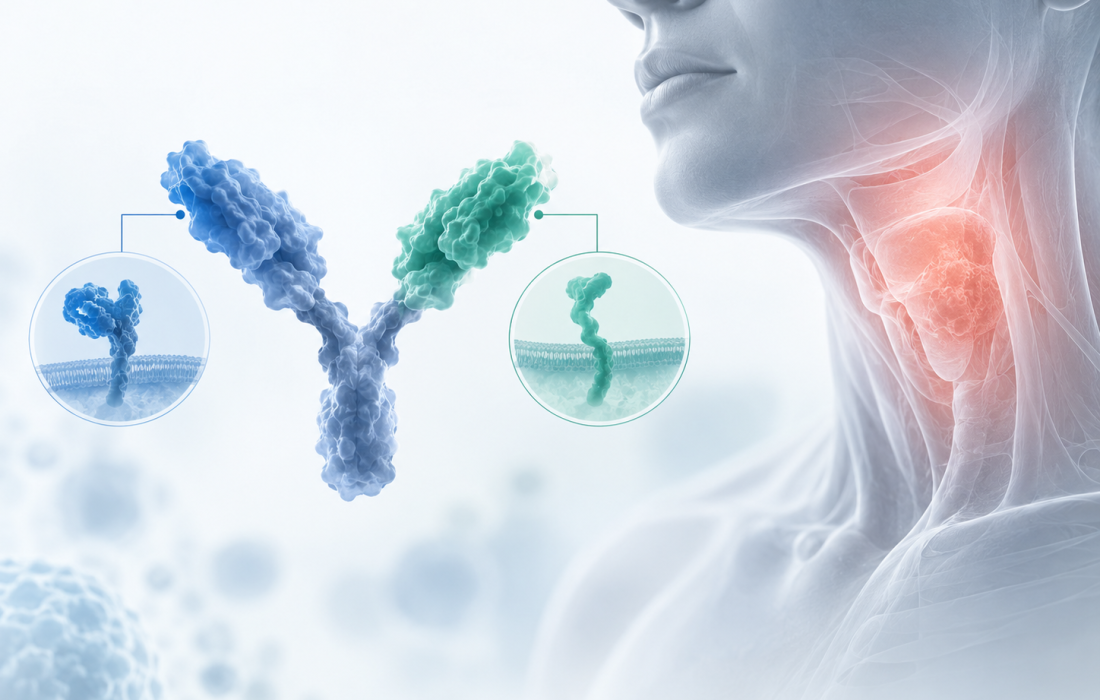 Scientific illustration of bispecific antibody targeting EGFR and LGR5 in head and neck squamous cell carcinoma