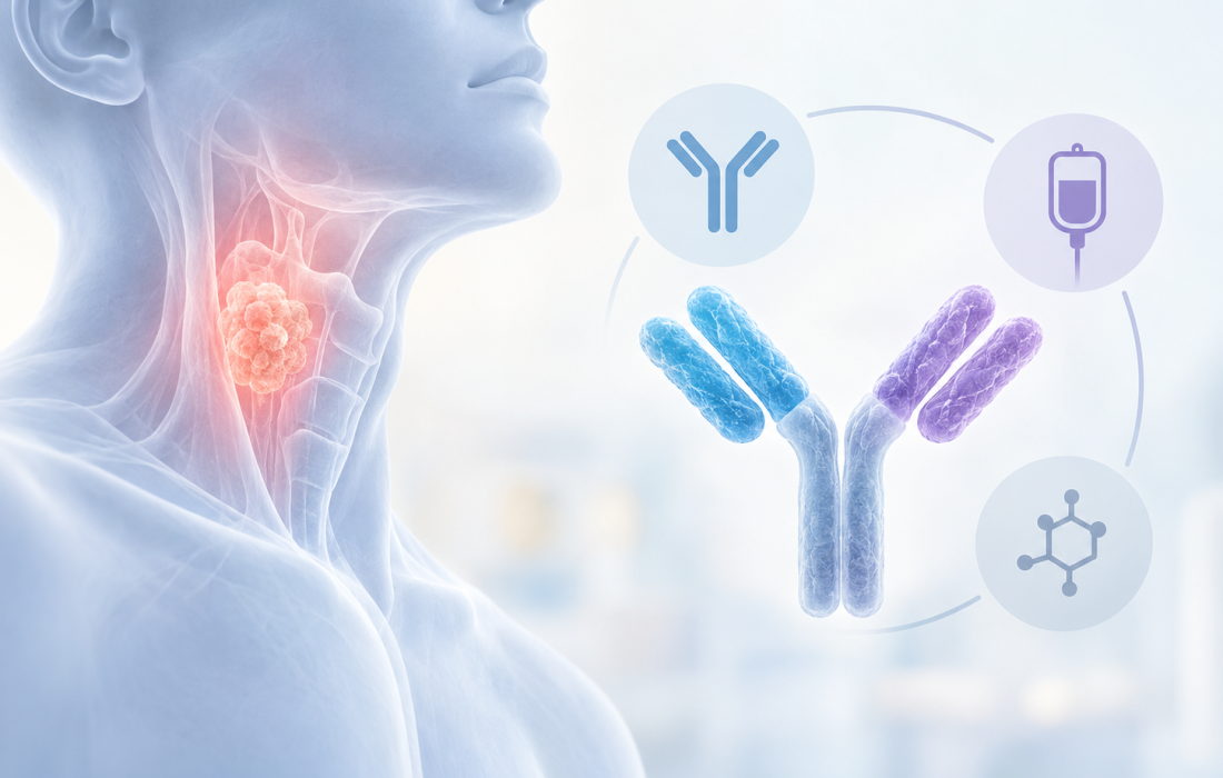 Minimalist medical illustration of a head and neck tumour and antibody-based cancer treatment representing RYBREVANT FASPRO combination therapy.