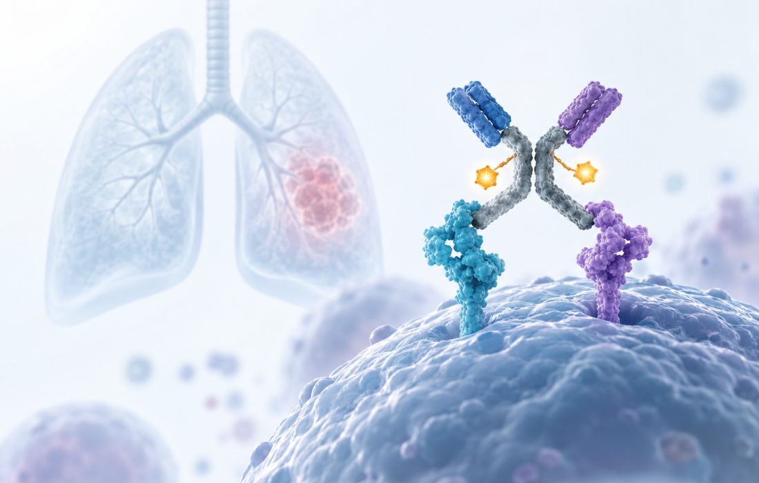 Illustration of a bispecific antibody-drug conjugate targeting EGFR and HER3 in EGFR-mutated non-small cell lung cancer