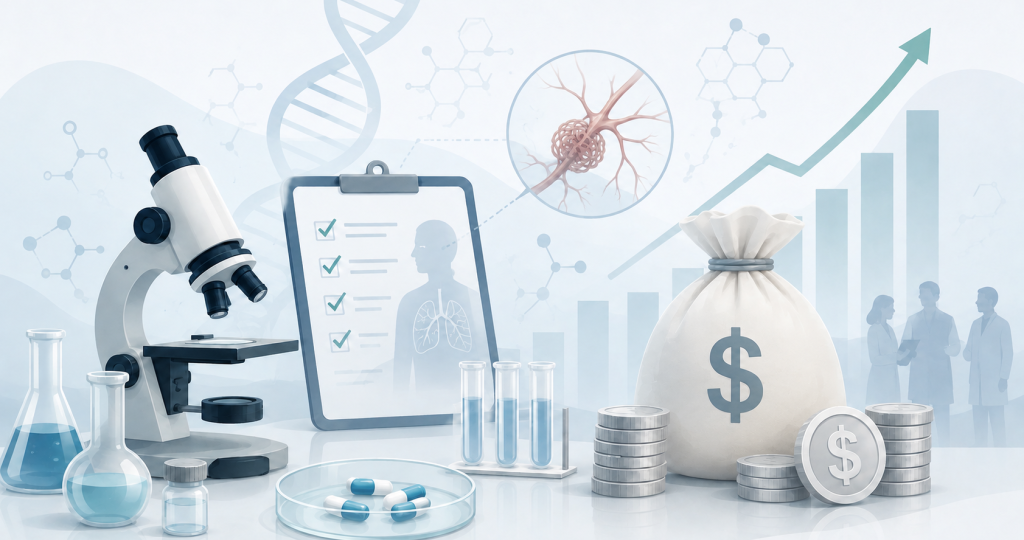 Vaderis Therapeutics logo with medical laboratory background illustrating drug development for Hereditary Hemorrhagic Telangiectasia