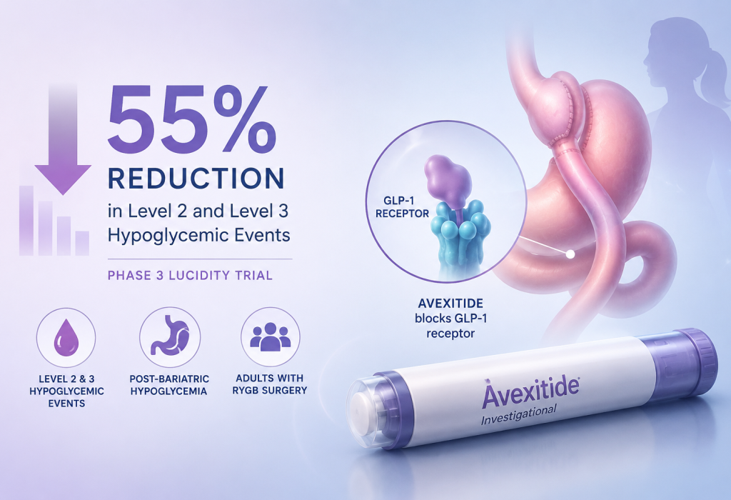 Avexitide reduced Level 2 and Level 3 hypoglycemic events by 55% in the Phase 3 LUCIDITY trial for post-bariatric hypoglycemia