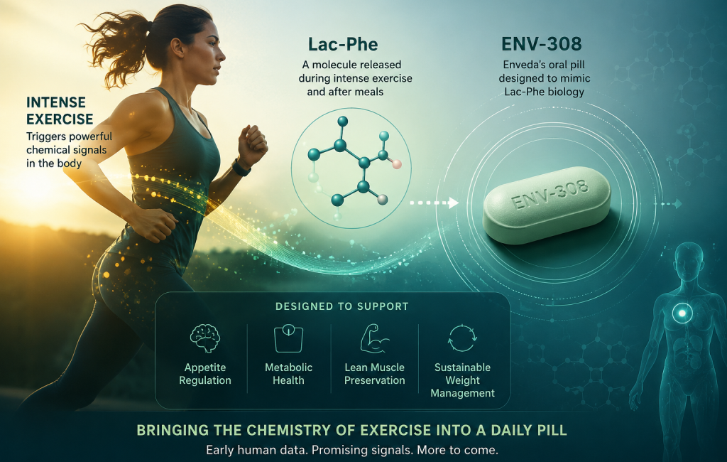 ENV-308 oral pill mimicking Lac-Phe chemical signal released during intense exercise