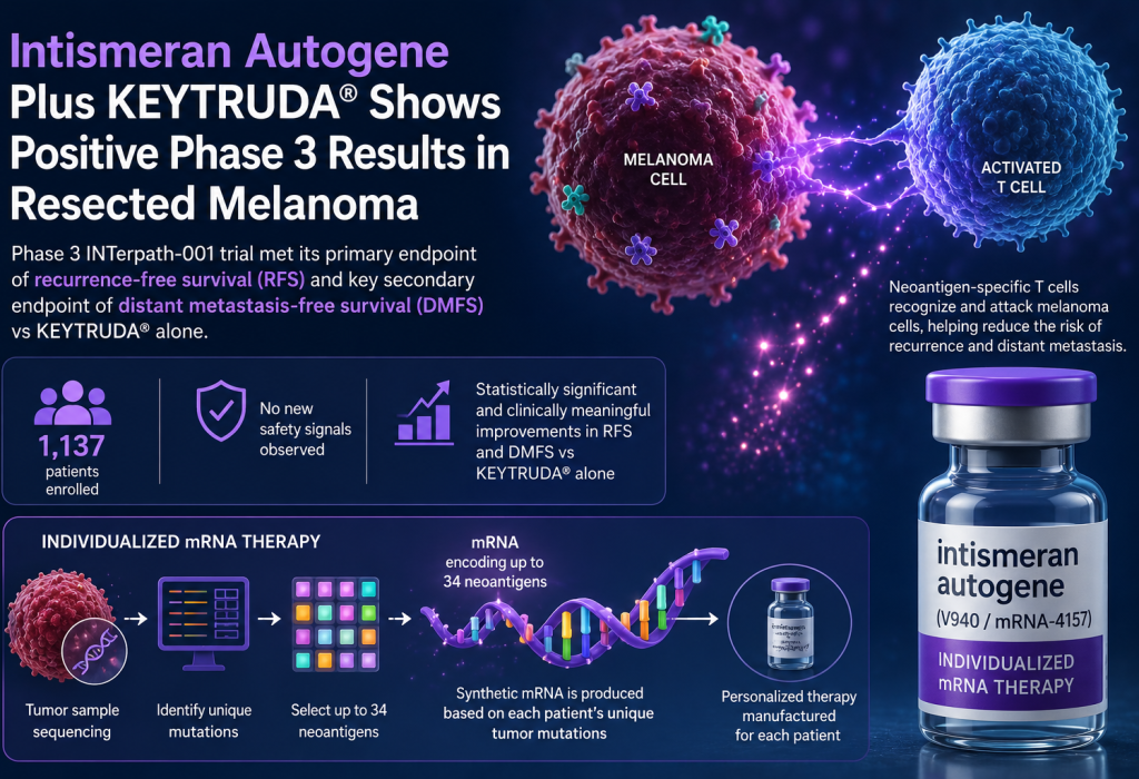 Merck and Moderna report positive Phase 3 INTerpath-001 results for intismeran plus KEYTRUDA, improving recurrence-free and distant metastasis-free survival in resected stage IIB-IV melanoma.