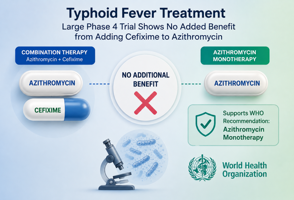 A phase 4 ACT-South Asia trial found adding cefixime to azithromycin did not reduce treatment failure in uncomplicated typhoid fever.