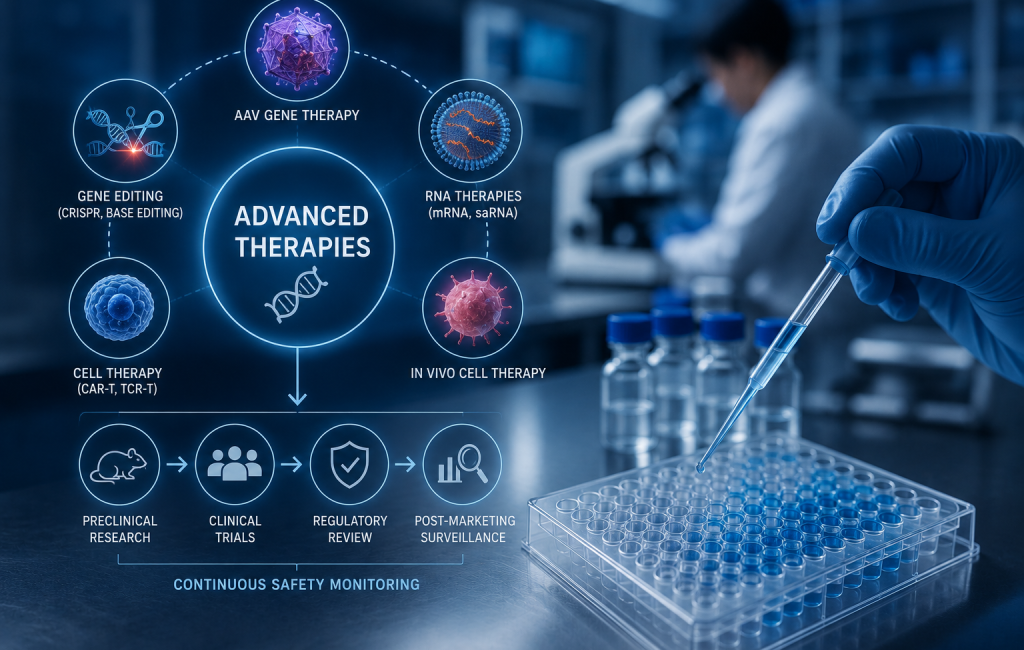 Conceptual illustration of gene and cell therapy safety, AAV vector toxicity, clinical trial oversight and post-marketing pharmacovigilance