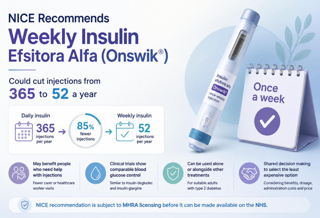 NICE has recommended once-weekly insulin efsitora alfa as an option for suitable adults with type 2 diabetes. The treatment could reduce insulin injections from 365 to 52 a year, while clinical evidence shows comparable blood glucose control with established long-acting insulins.