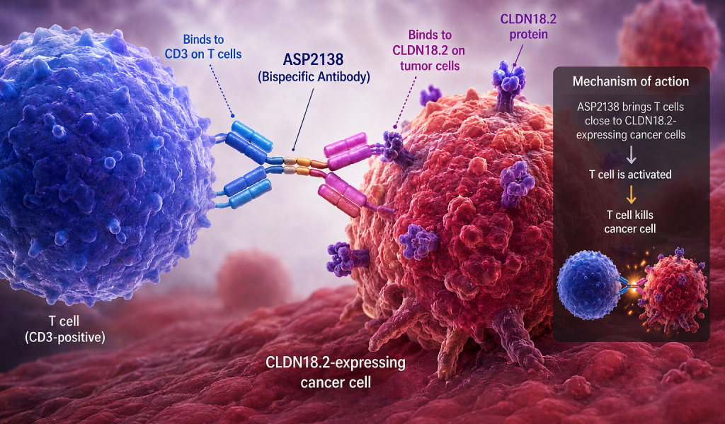 Illustration of ASP2138 bispecific antibody linking a CD3-positive T cell to a CLDN18.2-expressing cancer cell