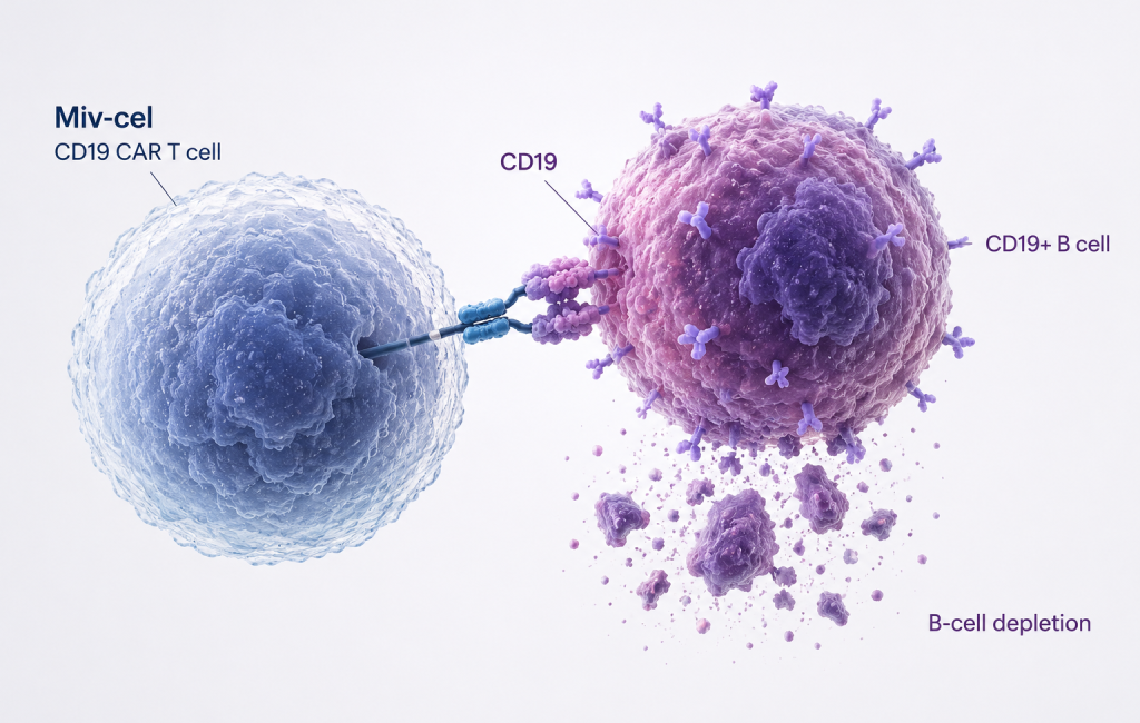 Mivocabtagene autoleucel CD19 CAR T-cell therapy shows B-cell depletion and clinical activity in treatment-refractory rheumatoid arthritis