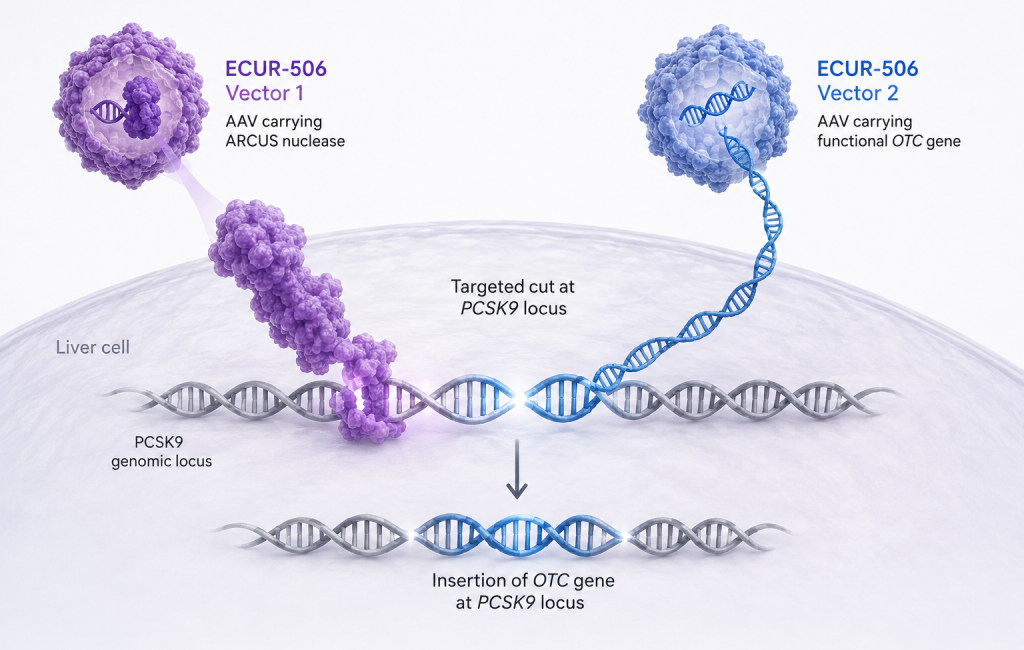 ECUR-506 gene-editing therapy uses two AAV vectors to insert a functional OTC gene into the PCSK9 locus in liver cells