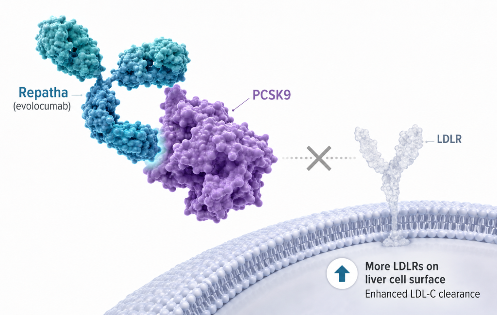 Repatha evolocumab blocks PCSK9 from binding LDL receptors to increase LDL-C clearance