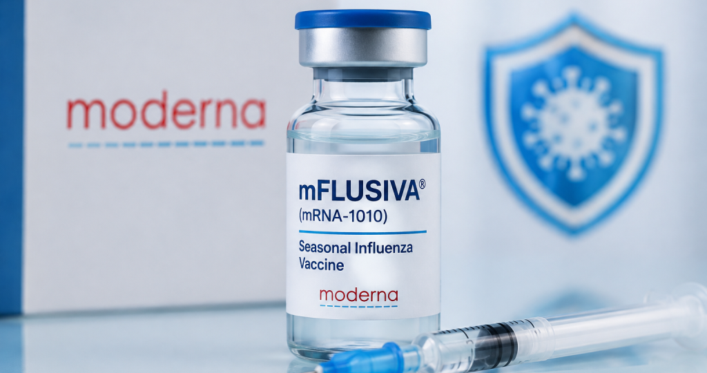 Moderna's mFLUSIVA (mRNA-1010), the first FDA-approved mRNA-based seasonal influenza vaccine for adults aged 50 years and older.