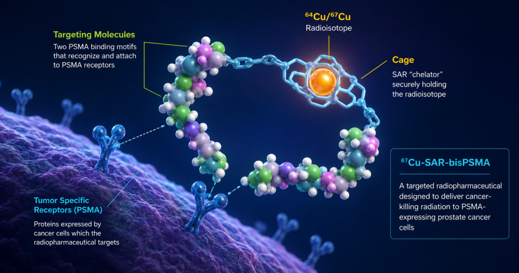 Illustration of targeted copper theranostic 67Cu-SAR-bisPSMA treating PSMA-expressing metastatic castration-resistant prostate cancer, highlighting tumor targeting and radiopharmaceutical therapy.