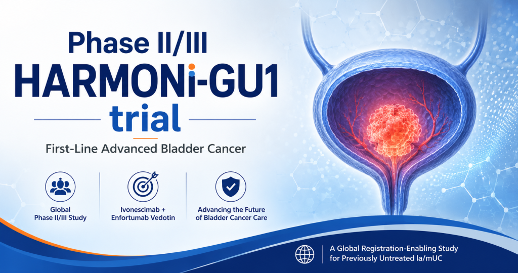 Illustration of the Phase II/III HARMONi-GU1 clinical trial evaluating ivonescimab plus enfortumab vedotin versus pembrolizumab plus enfortumab vedotin as first-line treatment for previously untreated locally advanced or metastatic urothelial carcinoma.