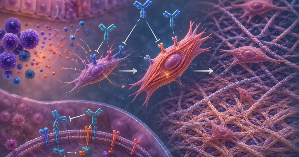 Illustration of antibody therapeutics targeting activated myofibroblasts in fibro-inflammatory diseases under the Ono Pharmaceutical and Mediar Therapeutics research collaboration.