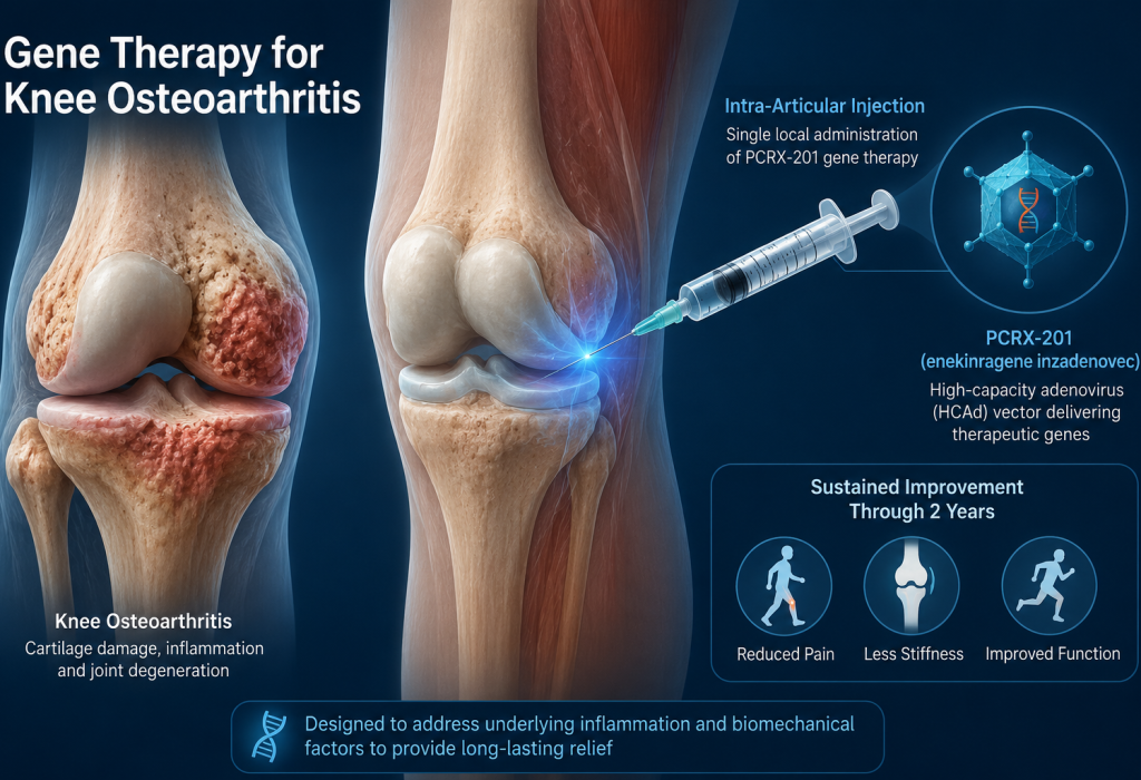 Illustration of PCRX-201 gene therapy administered by intra-articular injection into the knee for osteoarthritis, highlighting sustained clinical improvement through two years in the Phase 1 trial.