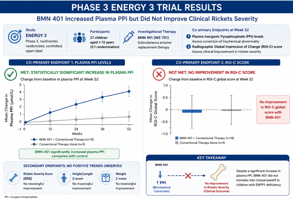 Diagram of Phase 3 ENERGY 3 trial results showing BMN 401 increasing plasma PPi without improving clinical rickets severity