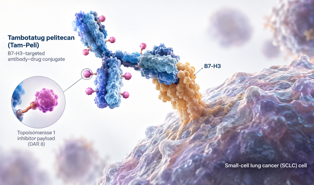 Tambotatug pelitecan B7-H3 antibody-drug conjugate in phase 3 small-cell lung cancer trial