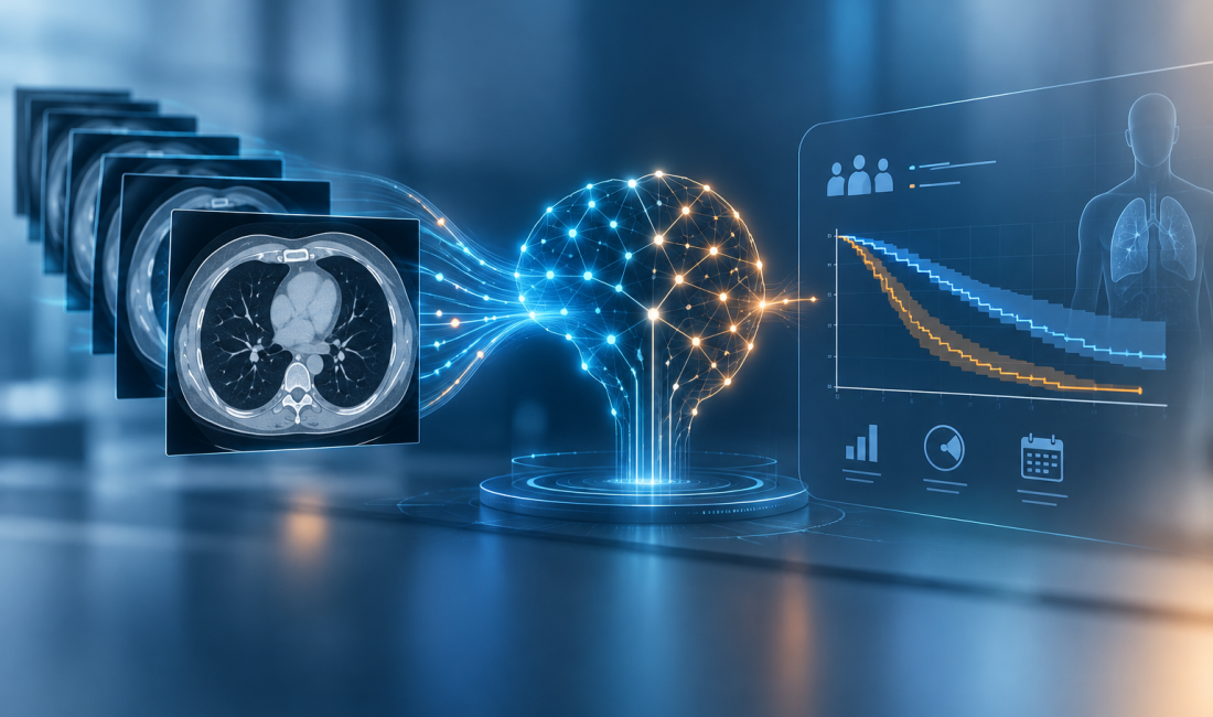 Futuristic medical AI visualization showing radiology imaging analyzed by artificial intelligence for oncology outcome prediction