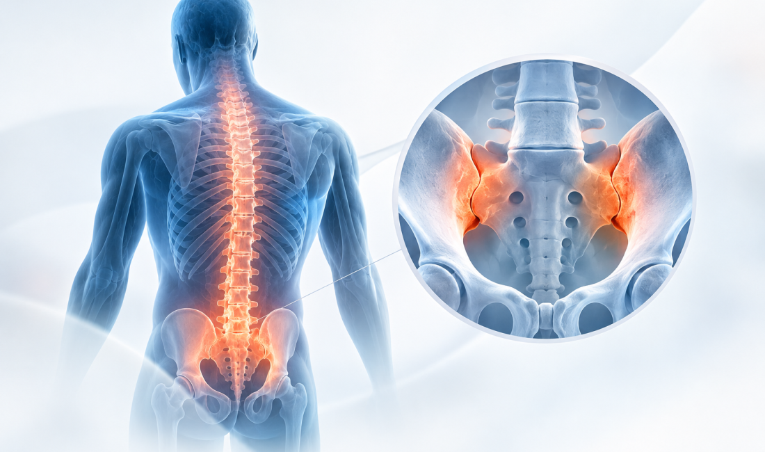 Medical illustration and clinical data visualization of TREMFYA (guselkumab) treatment showing reduced spinal inflammation in psoriatic arthritis.