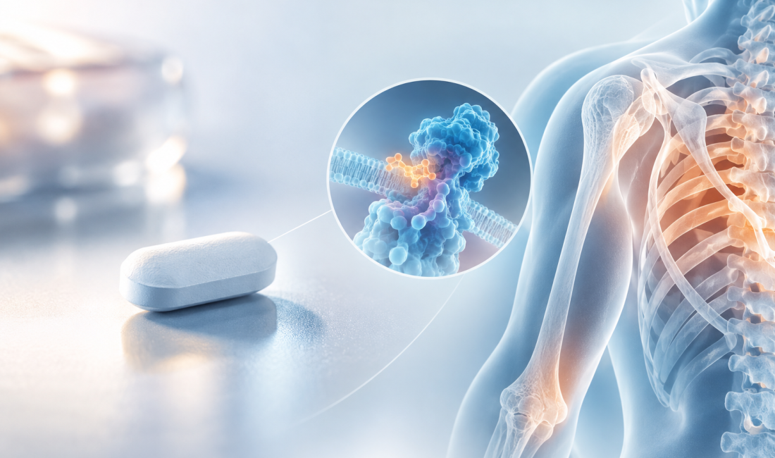 3D illustration of zilurgisertib Atebrioz mechanism of action inhibiting ALK2 receptor to prevent heterotopic ossification in FOP