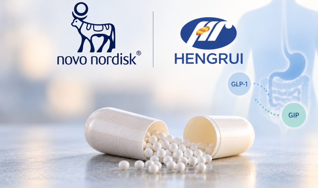 Novo Nordisk HRS-1596 once-weekly oral GLP-1 GIP dual agonist licensing deal with Hengrui Pharma