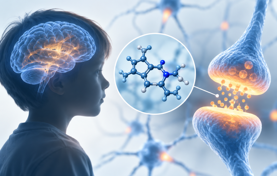 Scientific illustration of PDE2 inhibition and neuronal signaling in Fragile X syndrome research