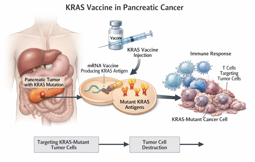 Illustration of an investigational KRAS-targeted long-peptide vaccine stimulating immune T-cell responses to prevent pancreatic cancer in high-risk individuals.