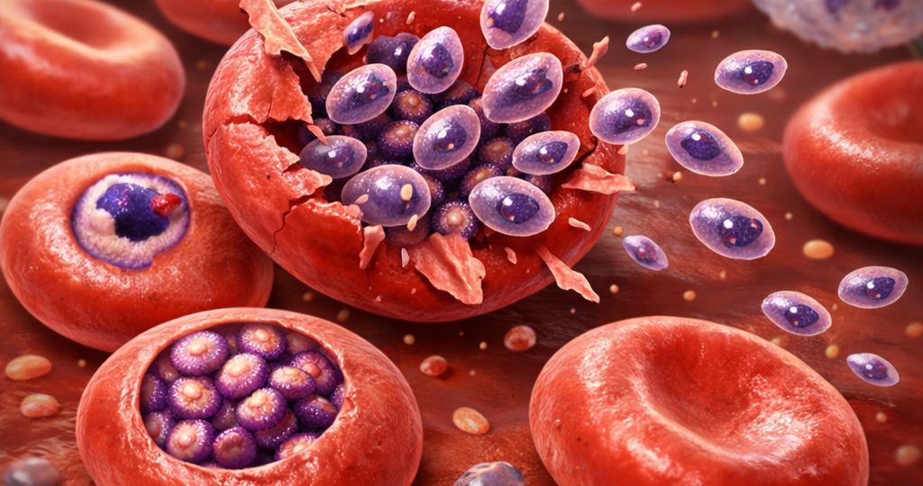 Illustration of Plasmodium falciparum malaria parasites with MMV367 (GSK3772701), an investigational pyrrolidinamide antimalarial evaluated in a Phase 1b controlled human malaria infection study.
