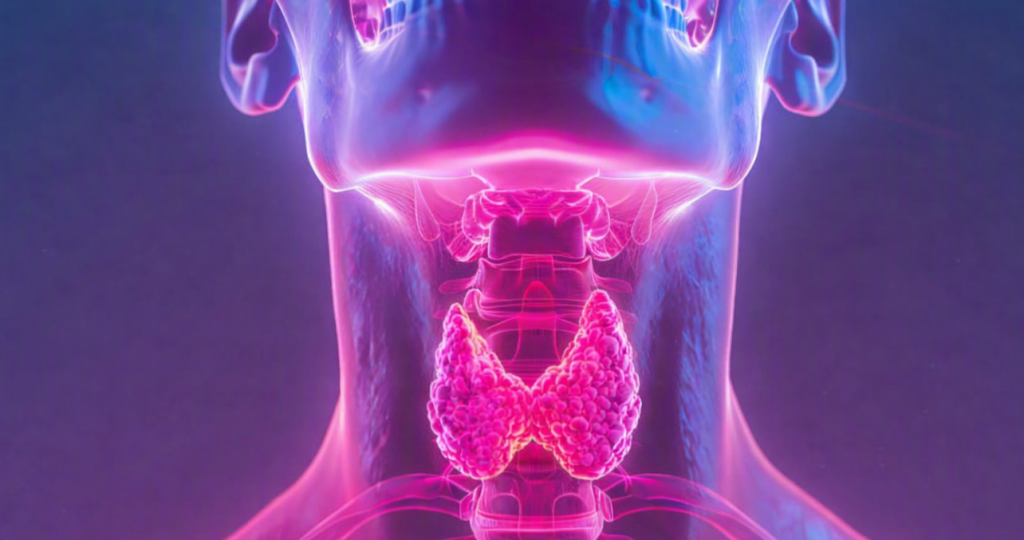Illustration of TLX400-Tx FAP-targeted radiopharmaceutical therapy for advanced medullary thyroid carcinoma showing targeted radiation delivery to the tumor microenvironment.