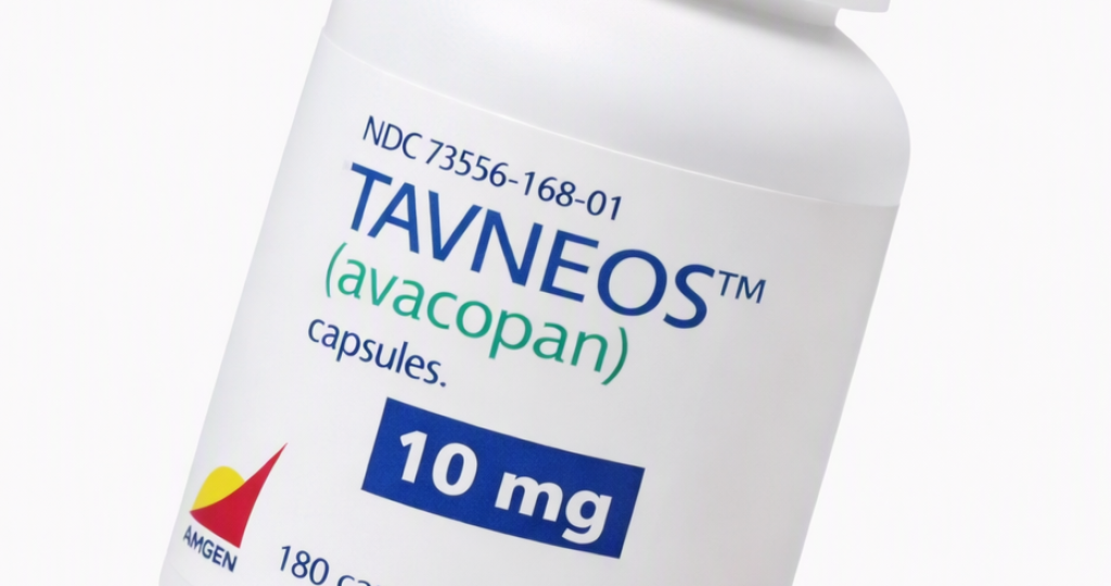 TAVNEOS avacopan 10mg medication bottle by Amgen used for severe active ANCA-associated vasculitis treatment