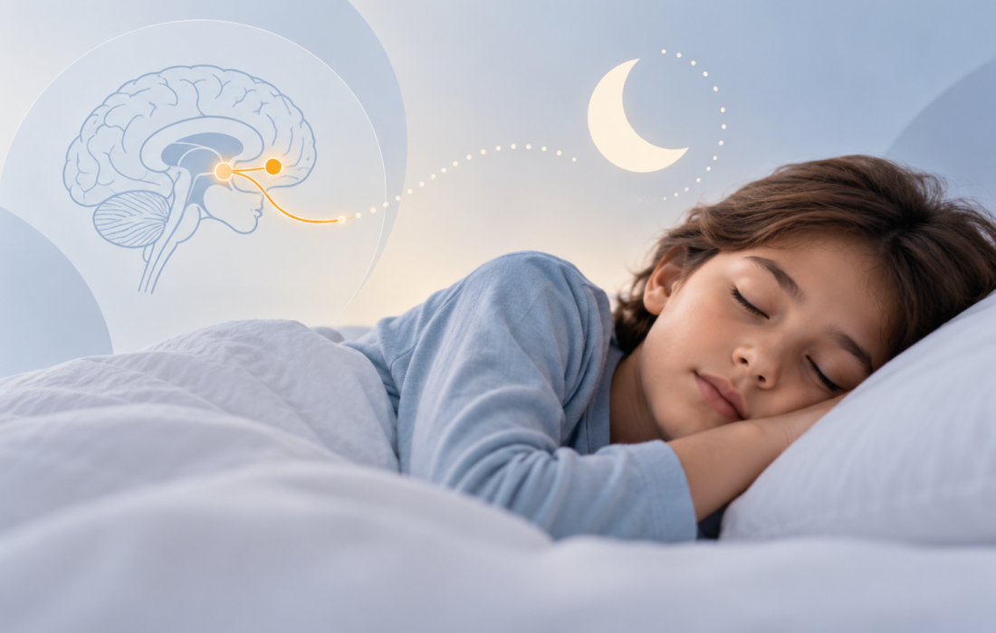 Conceptual illustration of orexin signalling and sleep regulation in children with insomnia, reflecting Idorsia's investigational daridorexant Phase 2 study