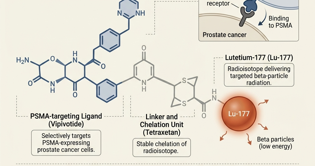 Illustration of Pluvicto (lutetium Lu 177 vipivotide tetraxetan) targeting PSMA-positive metastatic hormone-sensitive prostate cancer following FDA approval based on the Phase III PSMAddition trial.
