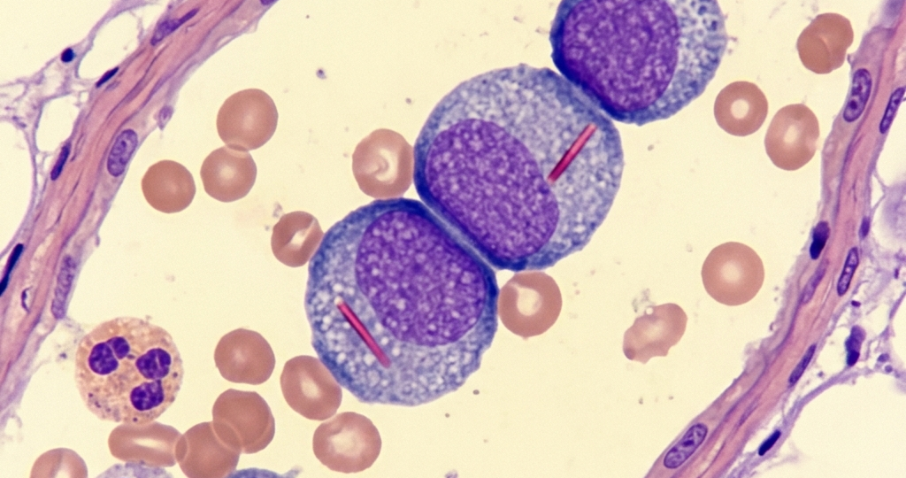 Illustration of iadademstat combined with azacitidine and venetoclax demonstrating positive Phase Ib ALICE-2 trial results in newly diagnosed acute myeloid leukemia presented at EHA 2026.