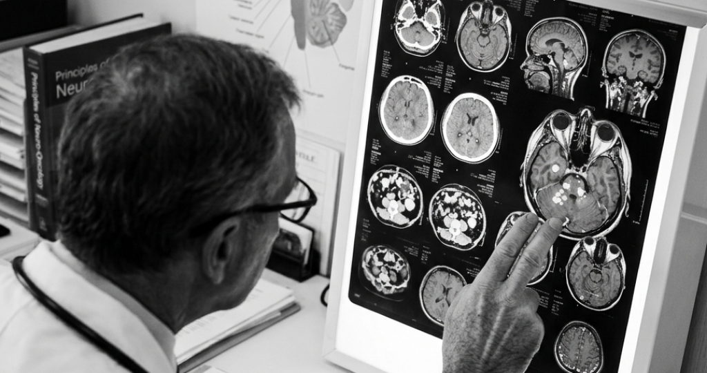 Representative PET-MRI brain scan illustrating RAD101 PET imaging for detecting recurrent brain metastases after stereotactic radiosurgery in the Phase 2b clinical trial.