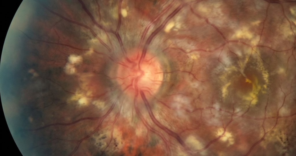 Ophthalmologist reviewing retinal OCT scan representing ILUVIEN Phase 4 SYNCHRONICITY trial results in chronic non-infectious posterior uveitis.