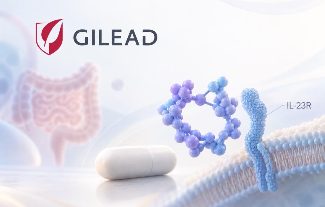 Scientific illustration of an oral macrocyclic peptide targeting the IL-23 receptor for inflammatory bowel disease research
