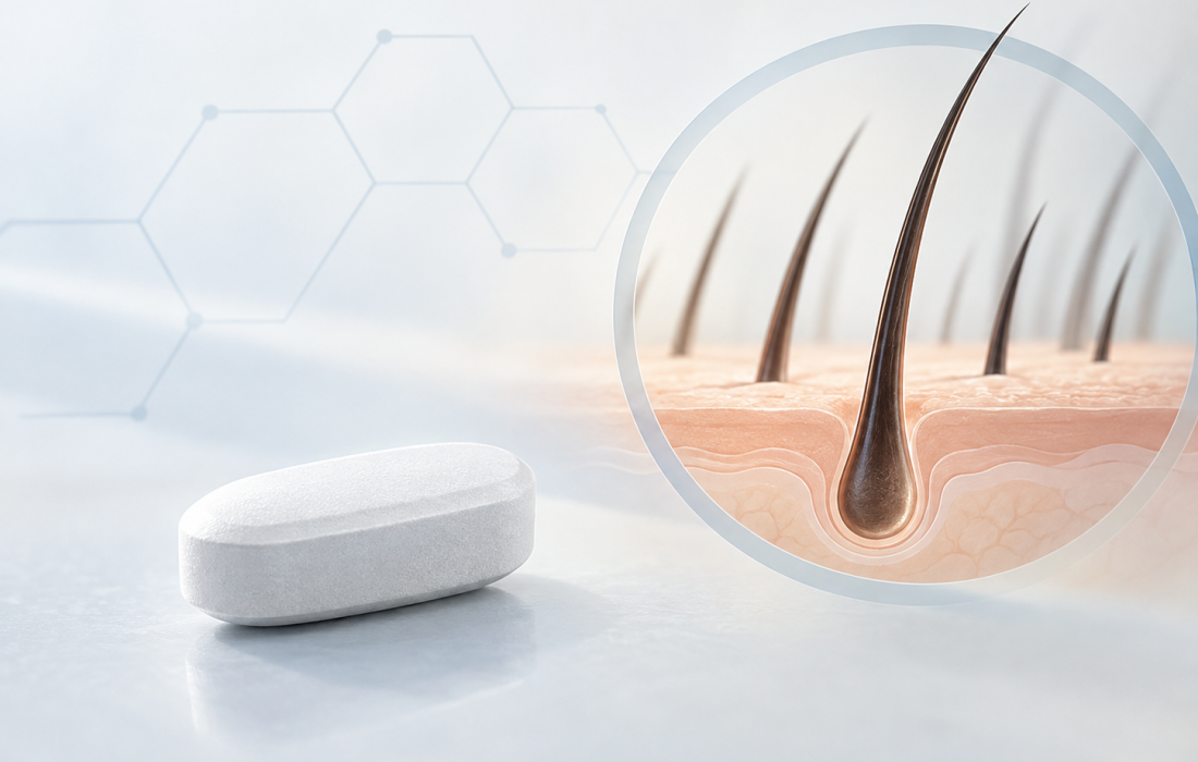 Illustration of hair follicles and hair growth associated with investigational oral minoxidil VDPHL01 for male pattern hair loss
