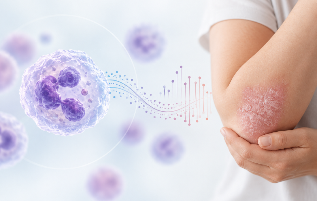 Scientific illustration of neutrophil-associated biomarkers linked to psoriasis response with Taltz and Zepbound combination treatment