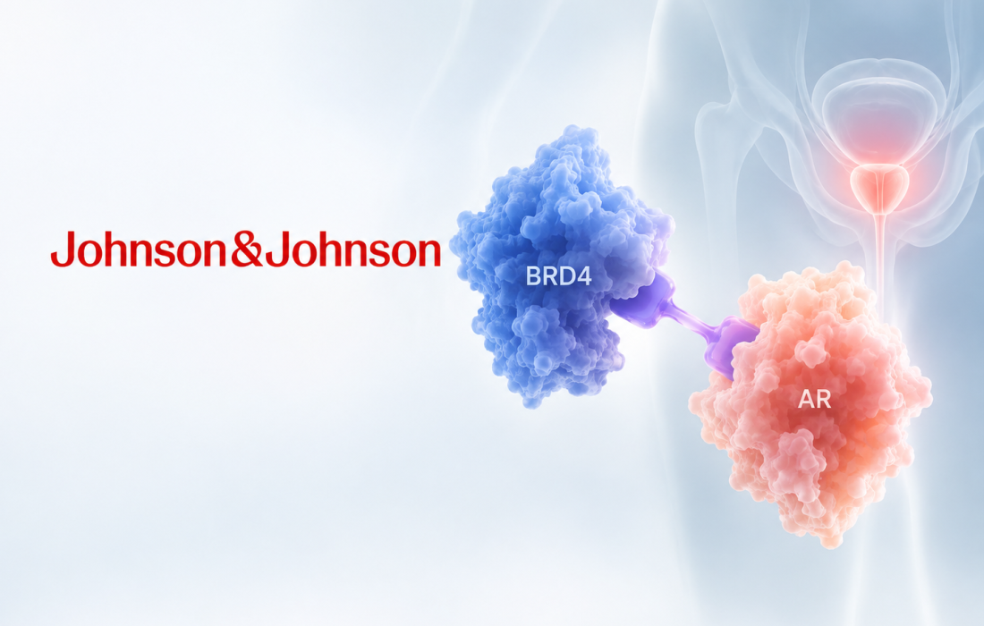 Illustration of targeted protein interaction and cancer cell activity in advanced prostate cancer, representing Johnson & Johnson’s investigational JNJ-6143 RIPTAC therapy.