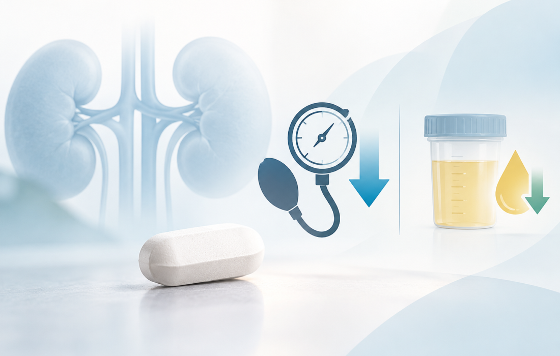 Minimalist medical illustration representing lorundrostat research, blood pressure reduction and albuminuria outcomes in participants with chronic kidney disease in the Phase 3 Launch-HTN trial.