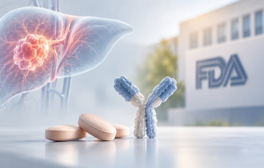 Scientific illustration of rivoceranib and camrelizumab combination therapy targeting tumor blood vessel formation and immune evasion in advanced hepatocellular carcinoma