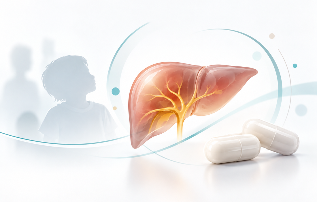 Conceptual medical illustration representing maralixibat (LIVMARLI), cholestatic liver disease, and the Phase 3 EXPAND clinical trial.