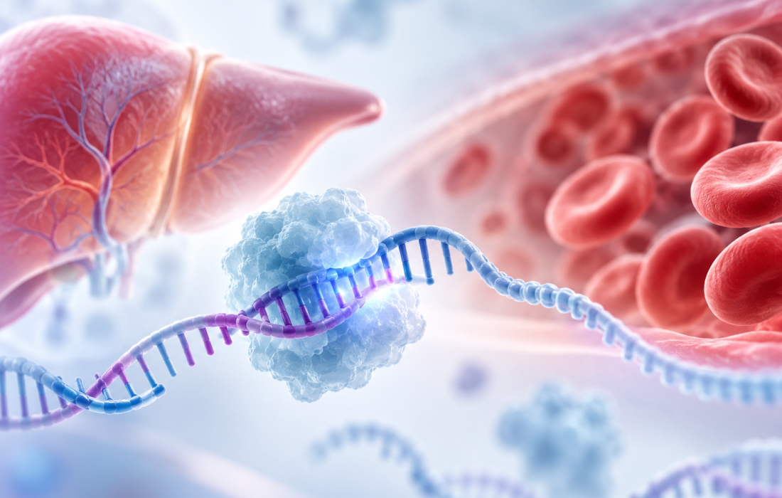 Illustration of siRNA-mediated TMPRSS6 gene silencing and hepcidin regulation in polycythemia vera, related to Merck KGaA's proposed acquisition of Silence Therapeutics.